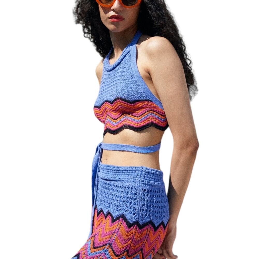 ZARA crochet knit halter blue boho open back crop top Special Edition Size M - Picture 7 of 8
